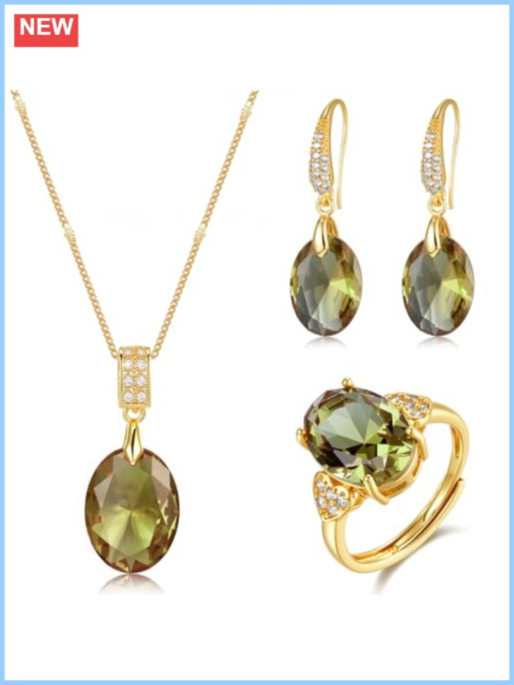 Gold Plated Crystal 3-Piece Jewelry Set Necklace Earrings Ring